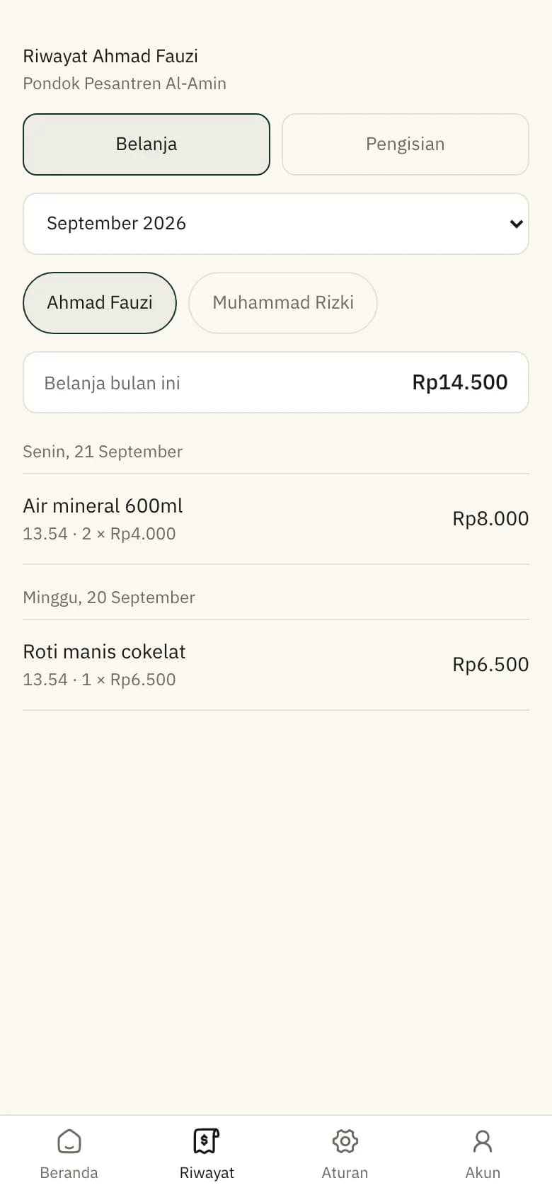 Tangkapan layar aplikasi wali